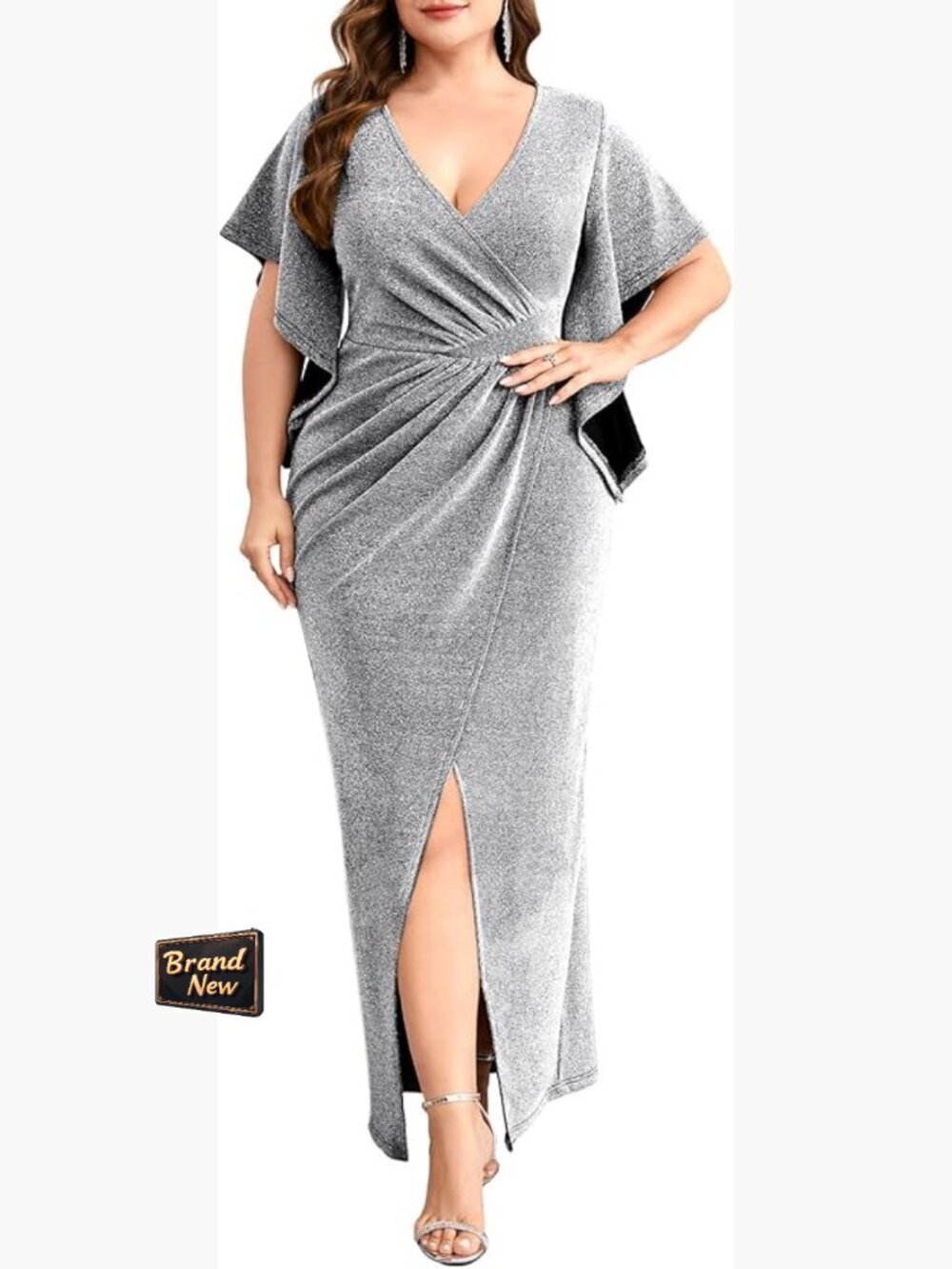 Plus Size Sparkly Formal Maxi Dress Ruched V Neck Slit Cocktail Gala Prom Gown